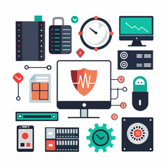 Poster - Digital security and data protection icons including servers computer shield lock and gear
