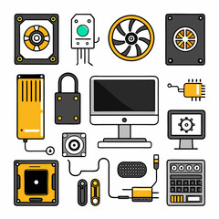 Poster - Collection of stylized computer hardware components and accessories in a flat design style