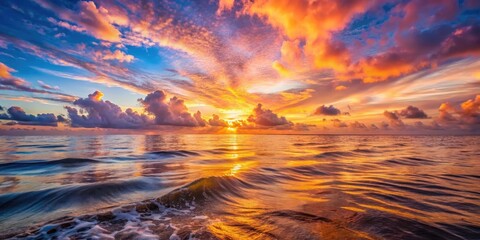Wall Mural - Serene ocean waves reflecting a vibrant and colorful sunrise with dramatic cloudscape