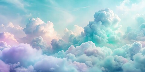 Wall Mural - Dreamlike Pastel Cloudscape An ethereal expanse of fluffy, vibrant clouds in soft pastel hues, a captivating aerial view of a serene and peaceful atmosphere.