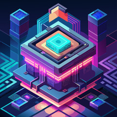 Poster - Futuristic isometric server rack with glowing neon lights and a central glowing computer chip