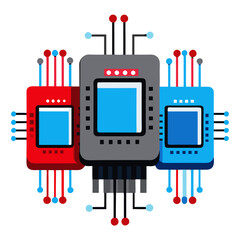 Poster - Three stylized computer chips connected by colorful wires and circuits on a white background