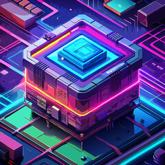 Poster - Futuristic glowing computer chip processor with vibrant neon lights on a circuit board