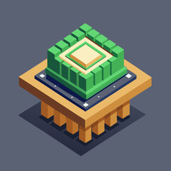 Poster - Isometric illustration of a futuristic green computer processor chip on a wooden stand