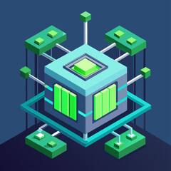 Poster - Abstract isometric illustration of a futuristic data processing unit with glowing green elements and connected nodes