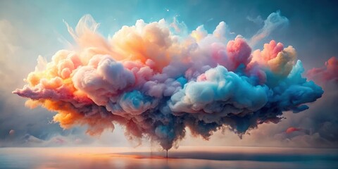 Wall Mural - A surreal dreamscape of vibrant, multi-hued clouds hovering above a tranquil body of water, creating a breathtaking and ethereal atmosphere.