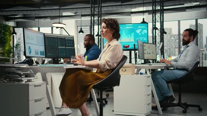 Poster - Female business analyst leverages insights and report writing for forecast results and corporate development, utilizing financial data charts for strategic alignment with objectives. Camera A.