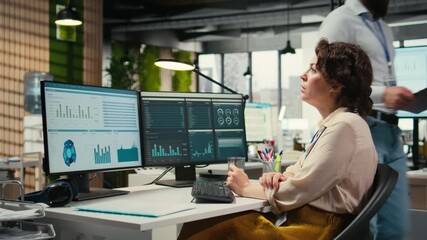 Poster - Business consultant focusing on global expansion strategy and planning resource allocation for organization, using digital tools to forecast insights and achieve corporate growth. Camera A.