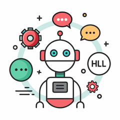 Poster - Friendly robot with speech bubbles and gears representing communication and technology