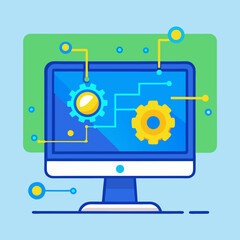 Poster - Computer screen displaying interconnected gears and circuits representing technology and automation