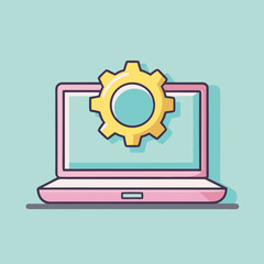 Poster - Stylized pink laptop with a yellow gear icon on its screen against a light blue background