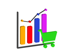 Poster - Simple 3D illustration of a bar and dot graph icon with a shopping cart. Transparent background. PNG format.