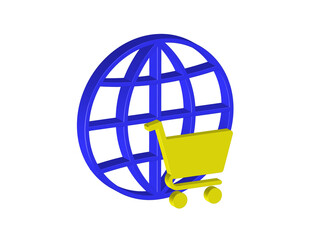 Poster - Simple 3D illustration of a globe icon with a shopping cart. Transparent background, PNG format.