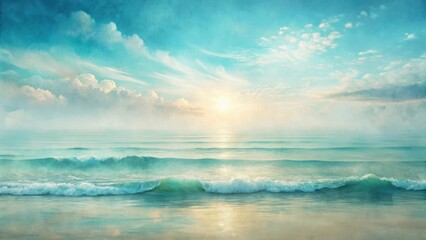 Wall Mural - Serene Coastal Sunrise Misty Ocean Waves Rolling Gently Onto a Sandy Shore Under a Dreamy Sky