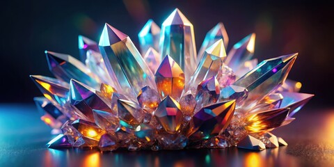 Wall Mural - a cluster of iridescent crystals glowing with inner light, displaying a spectrum of vibrant hues and