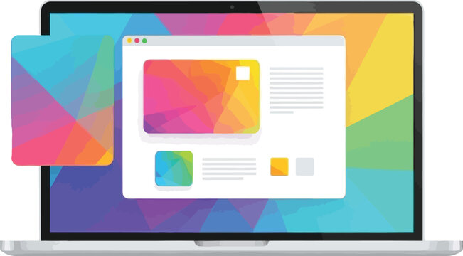 Laptop mockup with colorful screen and floating windows for presentation
