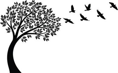 silhouette of a large deciduous tree with a curved trunk and a flock of birds flying away into the s