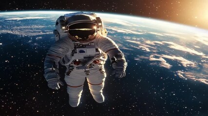 Wall Mural - awe inspiring astronaut on spacewalk mission, floating in space above planet earth with view of risi