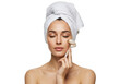 © Man PNG - Woman with towel on head using jade roller isolated on transparent background