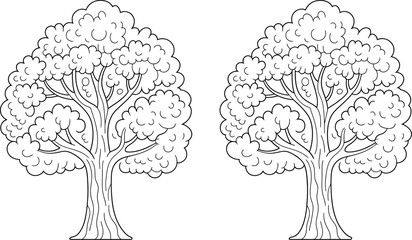 Poster - Two identical cartoon trees with rounded leaves and thick trunks in black and white style