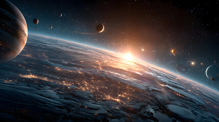 Wall Mural - Solar System. Earth planet space view with sun light solar system gala