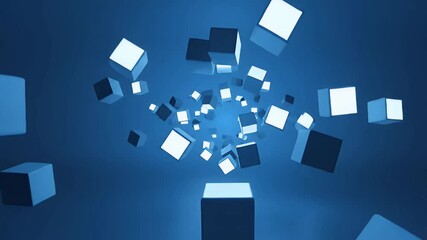 Poster - Glowing Blue Cubes Falling in Abstract 3D Space