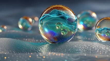Wall Mural - golden particles in translucent spheres on flowing surface. perfect theme for science, technology, a