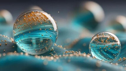 Wall Mural - golden particles in translucent spheres on flowing surface. perfect theme for science, technology, a