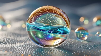 Wall Mural - golden particles in translucent spheres on flowing surface. perfect theme for science, technology, a
