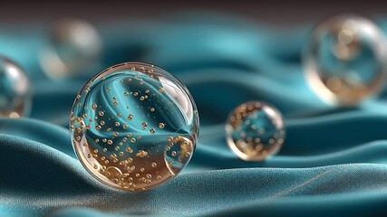 Wall Mural - golden particles in translucent spheres on flowing surface. perfect theme for science, technology, a