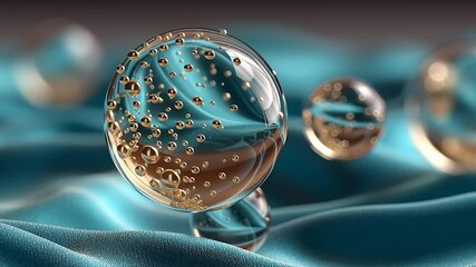 Wall Mural - golden particles in translucent spheres on flowing surface. perfect theme for science, technology, a