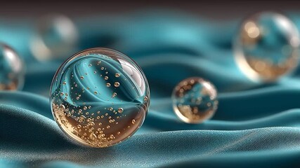 Wall Mural - golden particles in translucent spheres on flowing surface. perfect theme for science, technology, a