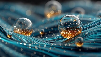 Wall Mural - golden particles in translucent spheres on flowing surface. perfect theme for science, technology, a