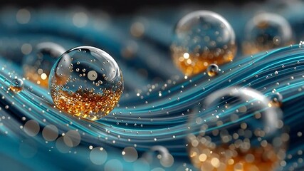 Wall Mural - golden particles in translucent spheres on flowing surface. perfect theme for science, technology, a