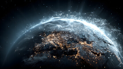 Poster - Glowing digital Earth with network connections.