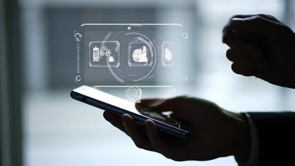 Poster - Futuristic technology digital interface with hand interacting smartphone hologram, showcasing innovation touchscreen business communication, modern connectivity, and interactive smart device user