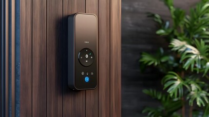 Dark smart device on a wooden wall featuring a circular display showing '0 ' a blue button and blurred green leaves