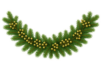 Poster - Christmas garland made of fir branches and decorated with golden berries is isolated on transparent background
