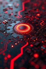 Poster - Glowing red circuits illuminate a futuristic motherboard, vertical composition. This highresolution image offers a striking visual of advanced technology and digital innovation.