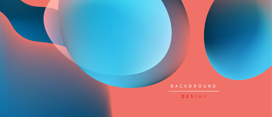 Poster - Abstract shapes overlap, creating vibrant blue, coral gradients. Modern design evokes fluidity, depth, visual interest. Minimal text present.