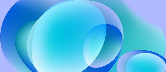 Poster - Abstract background features overlapping circles. Shades range from deep blue to light turquoise, creating soft gradients. Minimalist design.
