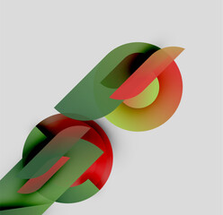 Poster - Abstract design features overlapping colorful shapes. Green, red, yellow hues create dynamic composition. Smooth gradients suggest movement, depth.