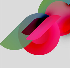 Poster - Abstract shapes overlap, creating vibrant color blends. Red, green, blue hues dominate composition. Minimalist design, smooth gradients present.