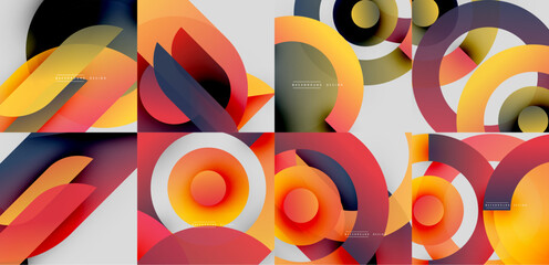 Poster - Abstract geometric designs. Overlapping circles, curves, vibrant gradients create modern backgrounds. Orange, red, blue hues dominate composition.