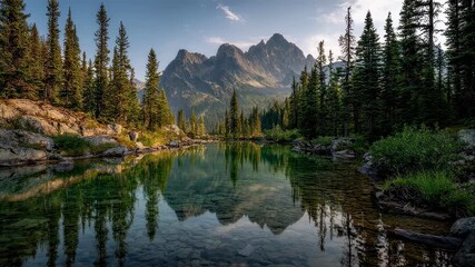 Wall Mural - majestic mountain lake with crystalclear reflections surrounded by dense coniferous trees and rugged