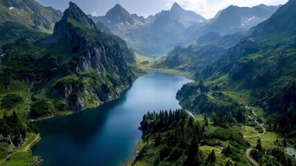 Wall Mural - breathtaking aerial view of an alpine lake nestled among towering mountains highlighting the interpl