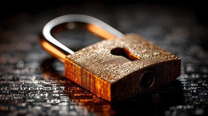 Poster - A digital padlock symbolizes cybersecurity, set against a backdrop of coded text, representing data protection and privacy.