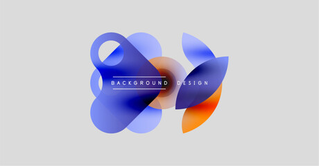 Poster - Abstract fluid shapes overlap, creating vibrant blue, orange gradients. Text reads background design centered above forms. Minimalist style.