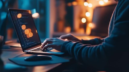 Person types code on a laptop at night, lit by lamp, warm bokeh background