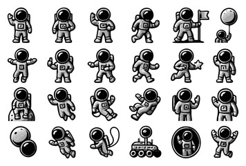 Poster - A collection of detailed astronaut illustrations showcasing different poses and actions. these astronaut illustrations are perfect for designs related to space exploration,